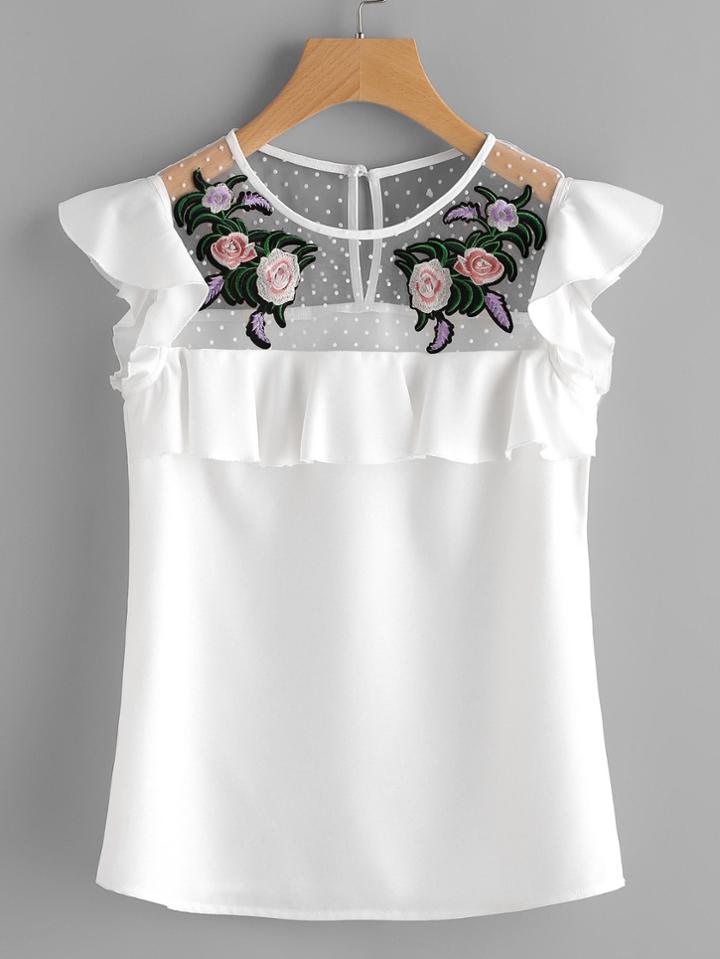 Romwe Flower Patched Dot Mesh Yoke Frill Cap Sleeve Top