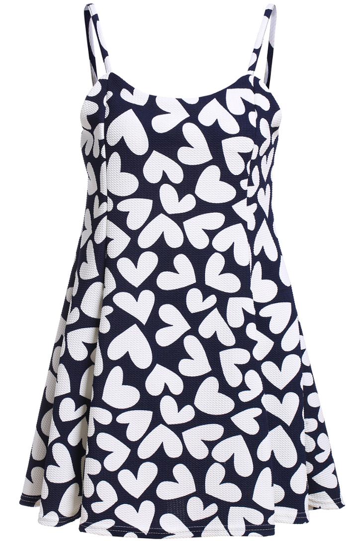 Romwe Spaghetti Strap Heart Print With Zipper Black Dress
