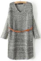 Romwe V Neck Knit Sweater Grey Dress