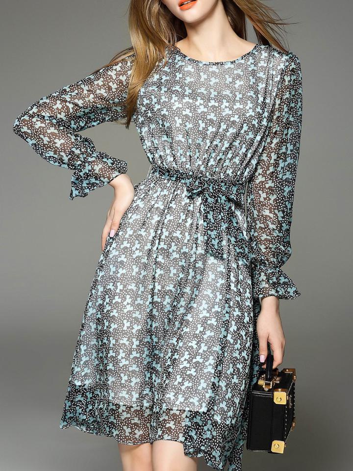 Romwe Blue Bell Sleeve Tie-waist Print Dress