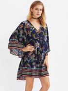 Romwe Lace Up Front Bell Sleeve Smock Dress