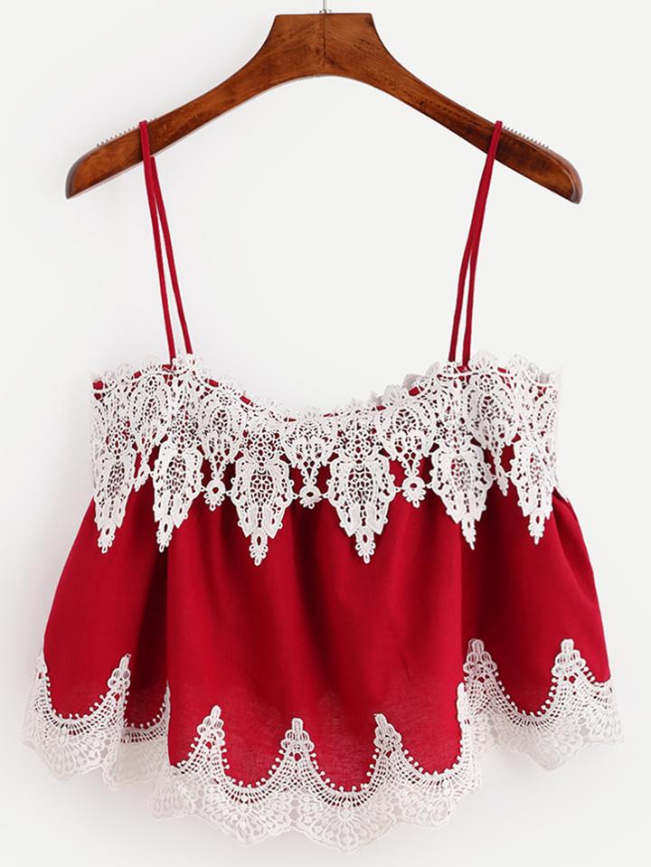Romwe Red Crochet Applique Crop Cami Top