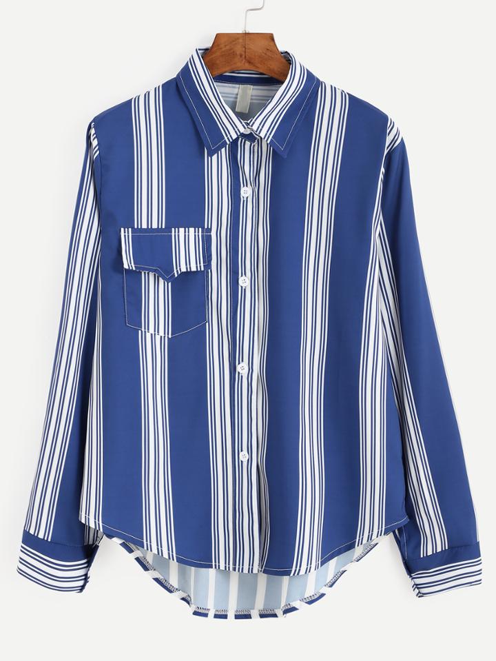 Romwe Blue Vertical Striped Flap Pocket Front Blouse
