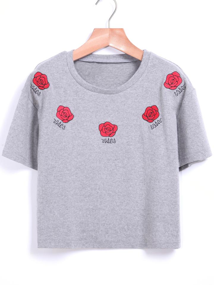 Romwe Embroidered Crop Grey T-shirt