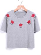 Romwe Embroidered Crop Grey T-shirt