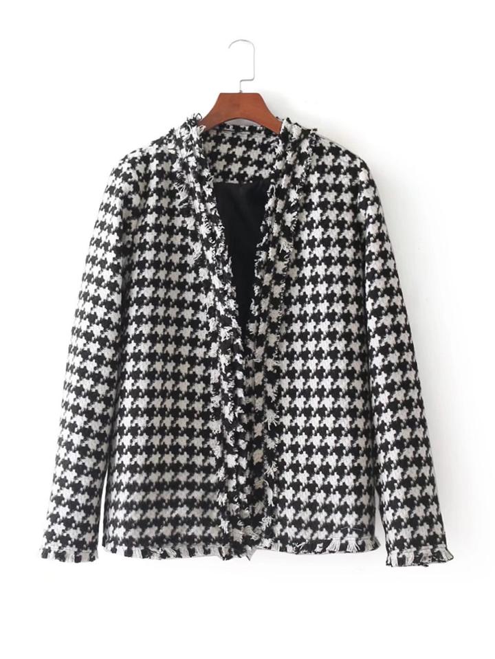 Romwe Fringe Edge Houndstooth Blazer