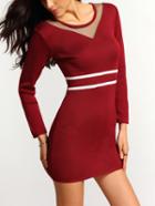 Romwe Contrast Mesh Striped Bodycon Sweater Dress