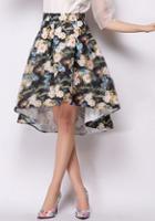Romwe With Zipper High Low Florals Black Skirt