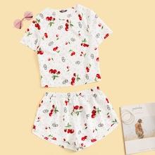 Romwe Cherry And Floral Print Tee And Shorts Set