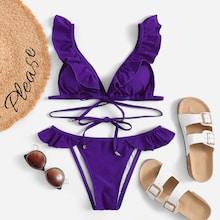 Romwe Plunge Ruffle Tie Front Bikini Set