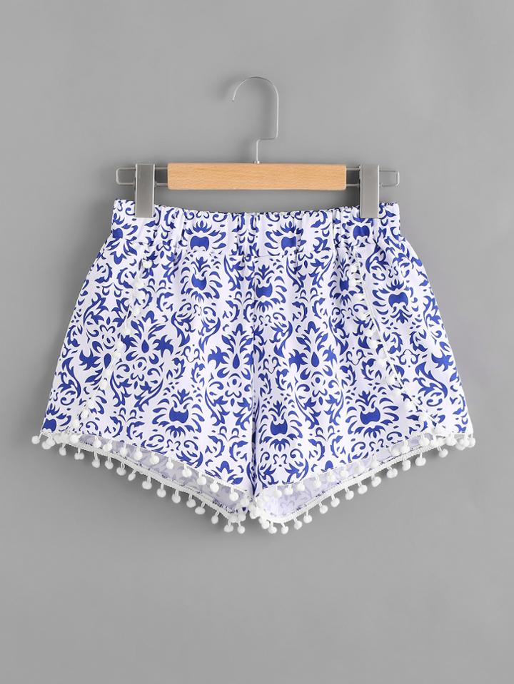 Romwe Porcelain Print Random Pom Pom Trim Shorts