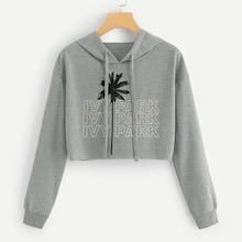 Romwe Drawstring Hoodie Letter Print Sweatshirt