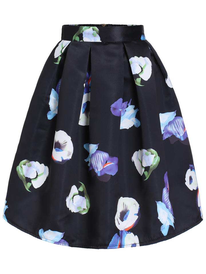 Romwe Flowers Print Flare Skirt