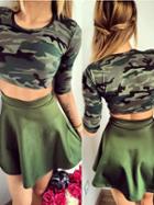 Romwe Olive Green Crop Camo T-shirt With Skirt