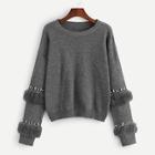 Romwe Plus Pearl Beading Faux Fur Detail Jumper