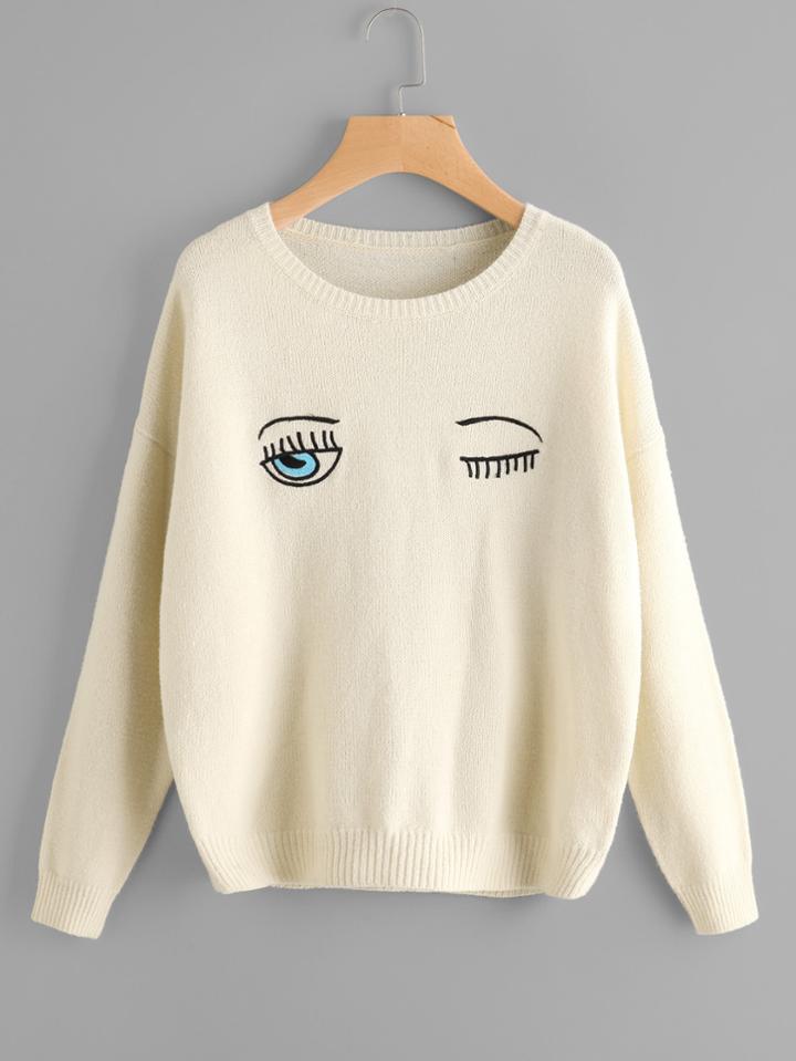 Romwe Wink Eyes Embroidered Jumper