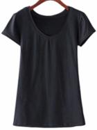 Romwe Black Short Sleeve V Neck Casual T-shirt