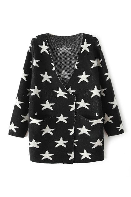 Romwe Star Knitted V-neck Black Cardigan