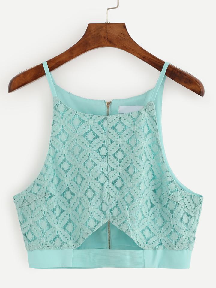 Romwe Blue Lace Insert Cut Out Zipper Cami Top