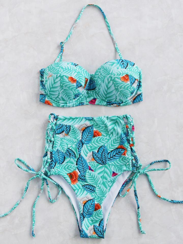 Romwe Turquoise Printed Lace Up High Waist Bikini Set