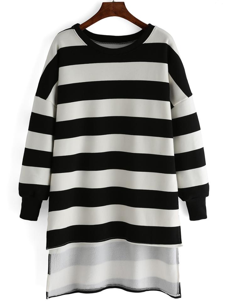 Romwe Dip Hem Dropped Shoulder Seam Striped Sweatshirt