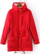 Romwe Stand Collar Drawstring Pockets Red Coat