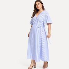 Romwe Plus Contrast Stripe Wrap Dress