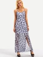Romwe Leopard Print Slit Chiffon Cami Dress - Blue