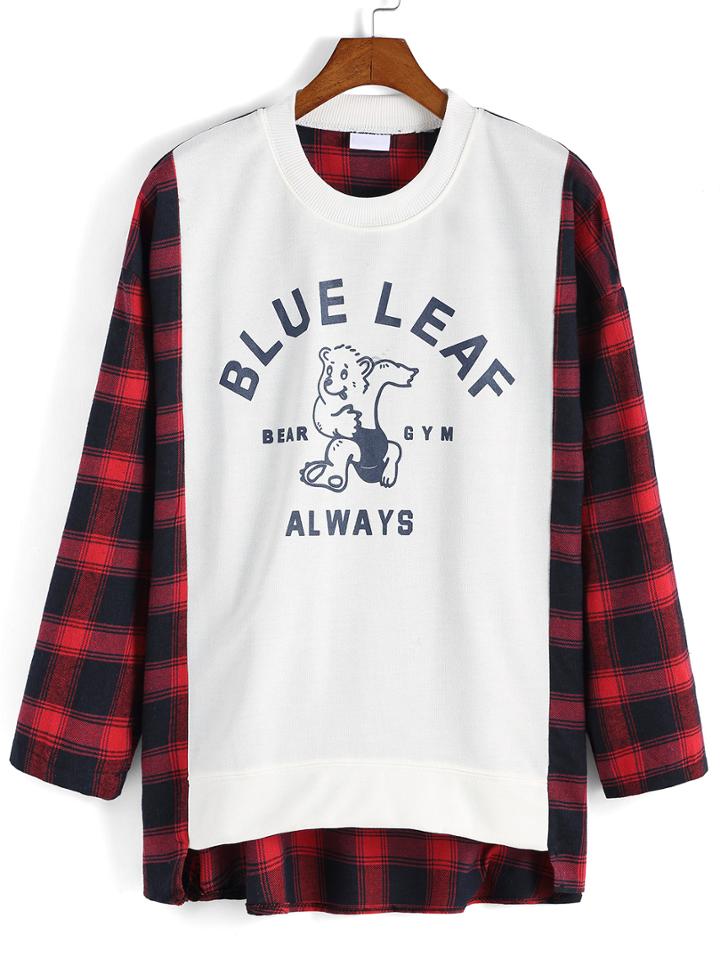 Romwe Plaid Letter Print High Low Sweatshirt