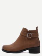 Romwe Brown Distressed Buckle Strap Ankle Booties