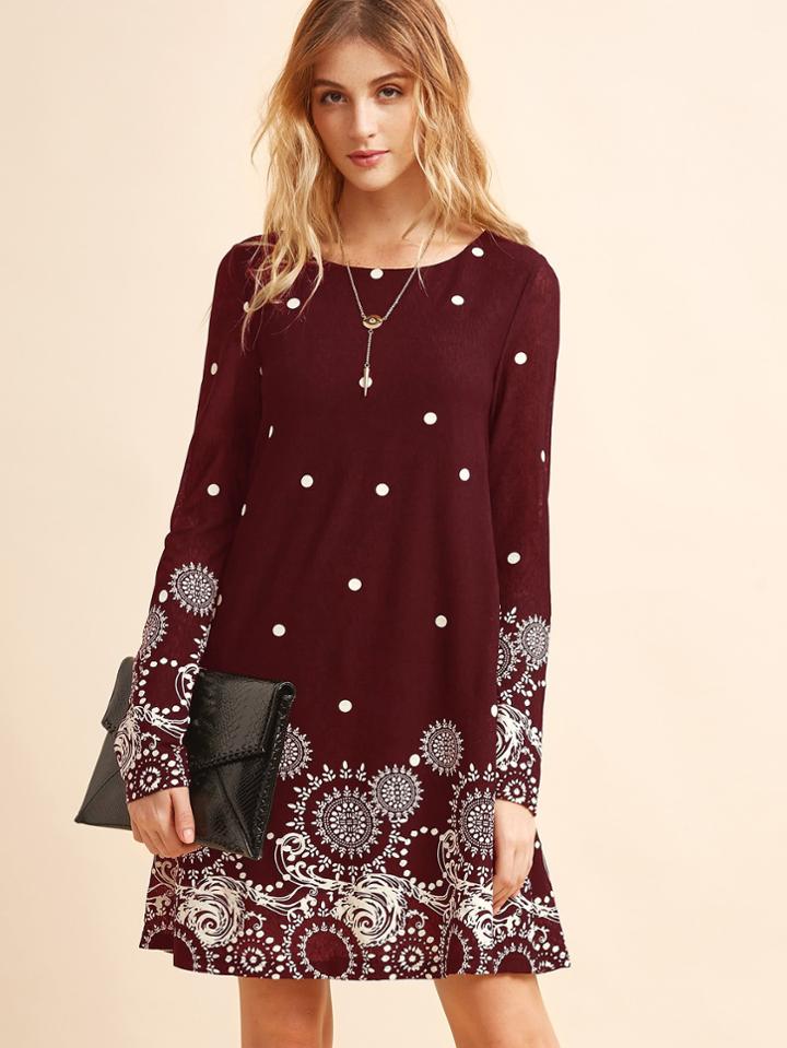 Romwe Retro Circle & Polka Dot Print Tunic Dress