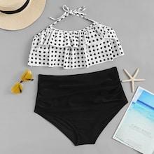 Romwe Plus Polka Dot Flounce Bikini Set