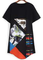 Romwe Abstract Print Black T-shirt