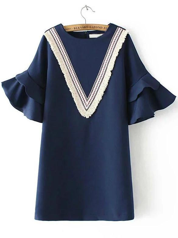 Romwe Navy Chevron Pattern Bell Sleeve Ruffle Dress