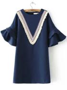 Romwe Navy Chevron Pattern Bell Sleeve Ruffle Dress