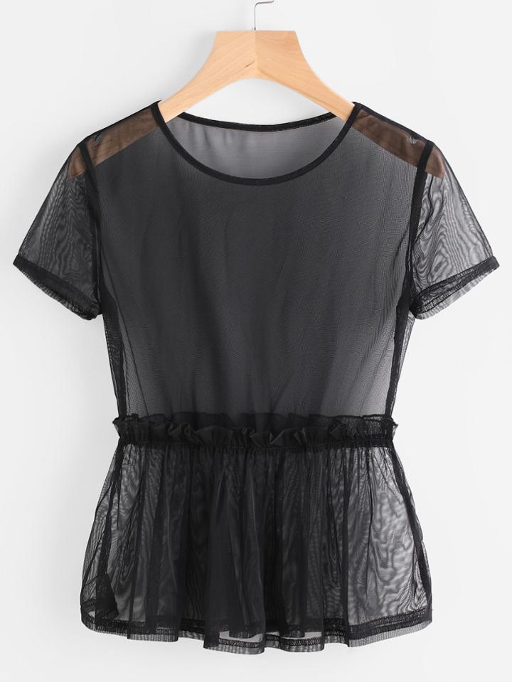 Romwe Frill Trim Mesh Peplum Top