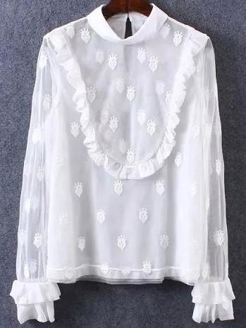 Romwe Ruffle Sleeve Crown Embroidered Blouse