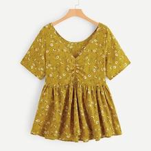 Romwe Plus Calico Print Ruffle Hem Blouse