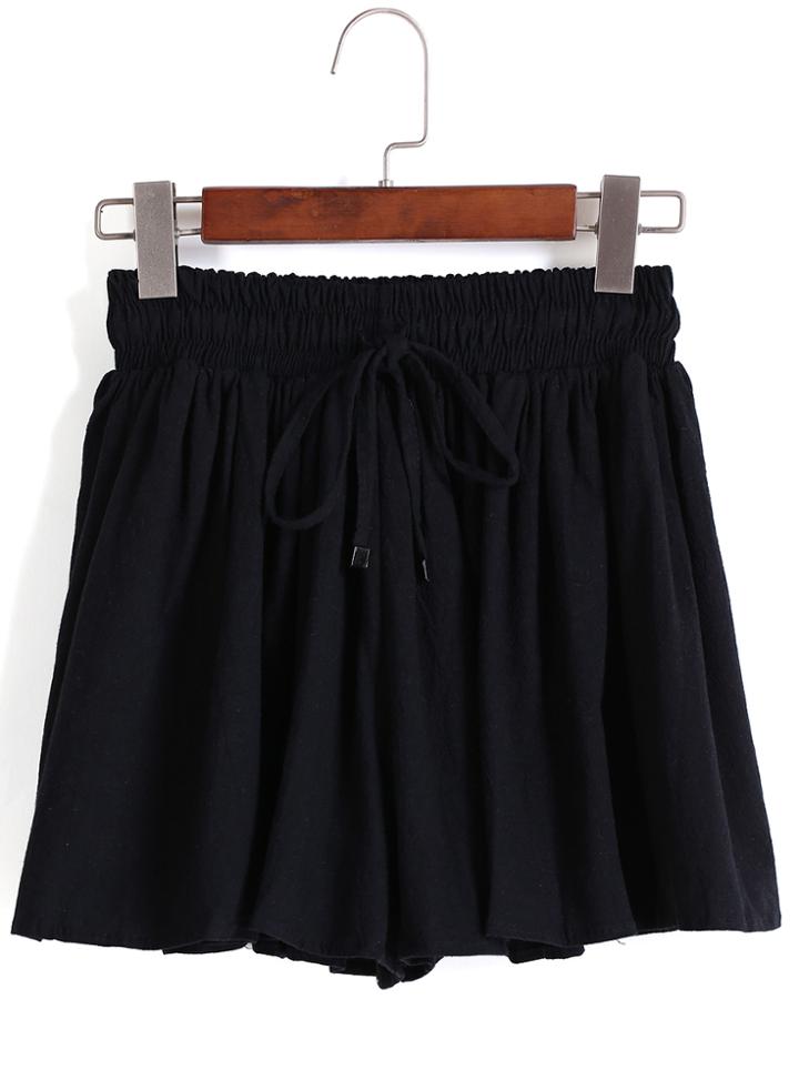 Romwe Drawstring Pleated Black Shorts