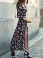 Romwe V Neck Florals Slit Chiffon Maxi Dress