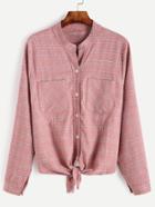 Romwe Pink Grid Print Tie Front Blouse With Pockets