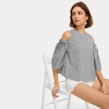 Romwe Plaid Print Cold Shoulder Blouse