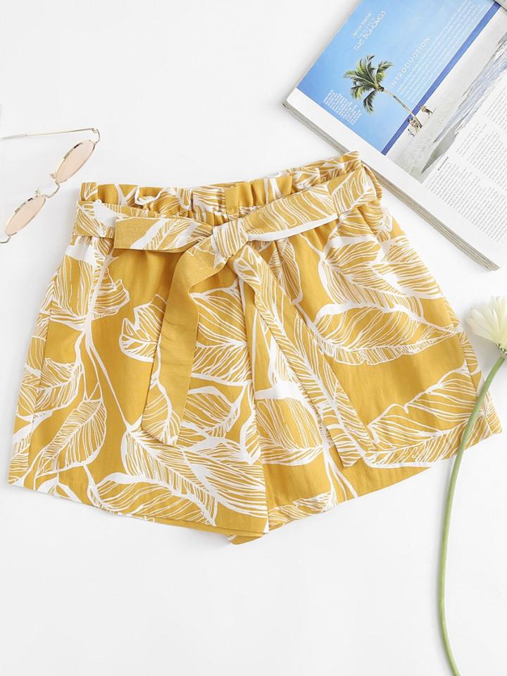 Romwe Leaf Print Self Tie Waist Shorts