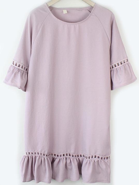 Romwe Purple Crochet Insert Raglan Sleeve Ruffle Dress