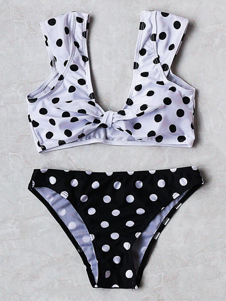 Romwe Black And White Polka Dot Bow Detail Bikini Set
