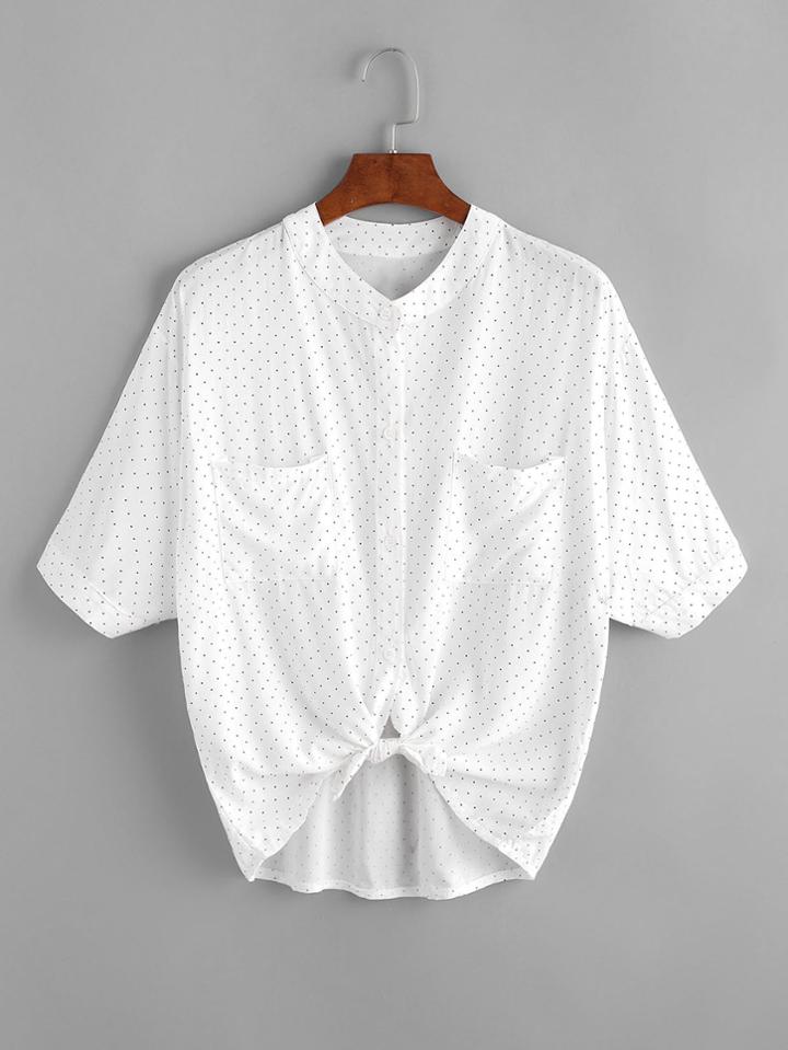 Romwe Textured Dots Tie Front Dip Hem Shirt With Dual Chest Pockets