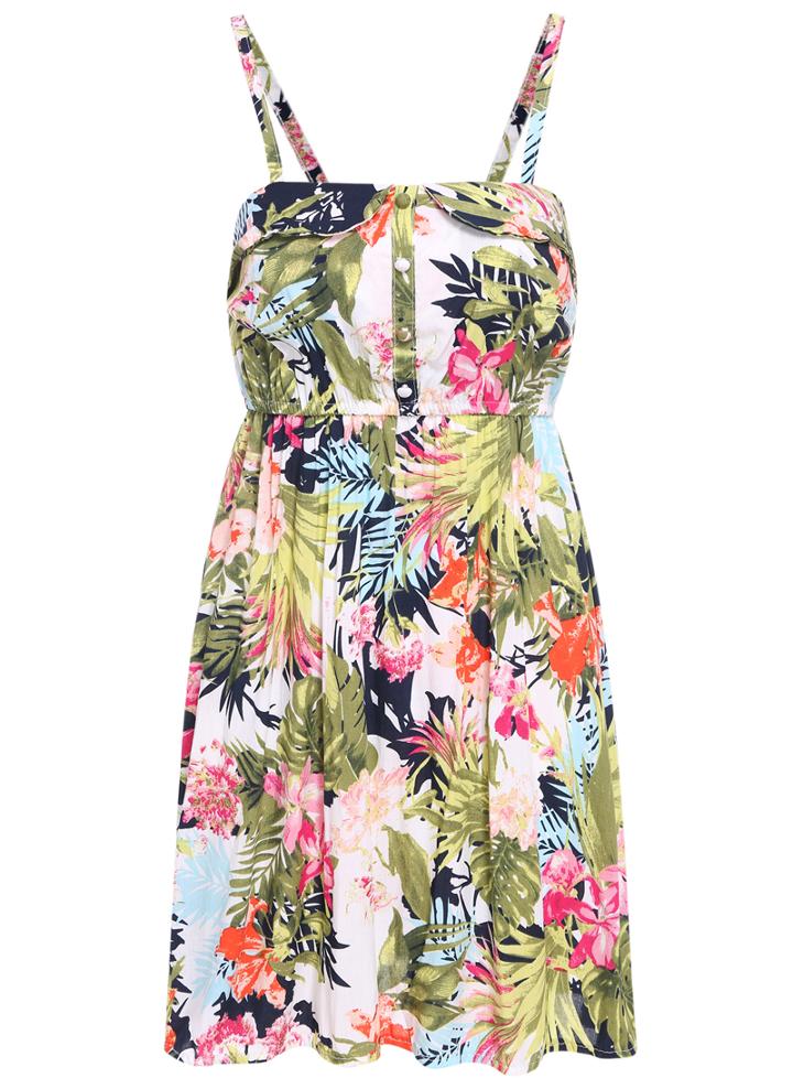 Romwe Spaghetti Strap With Buttons Florals Pleated Dress