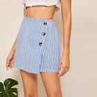 Romwe Striped Button Front Wrap Skirt