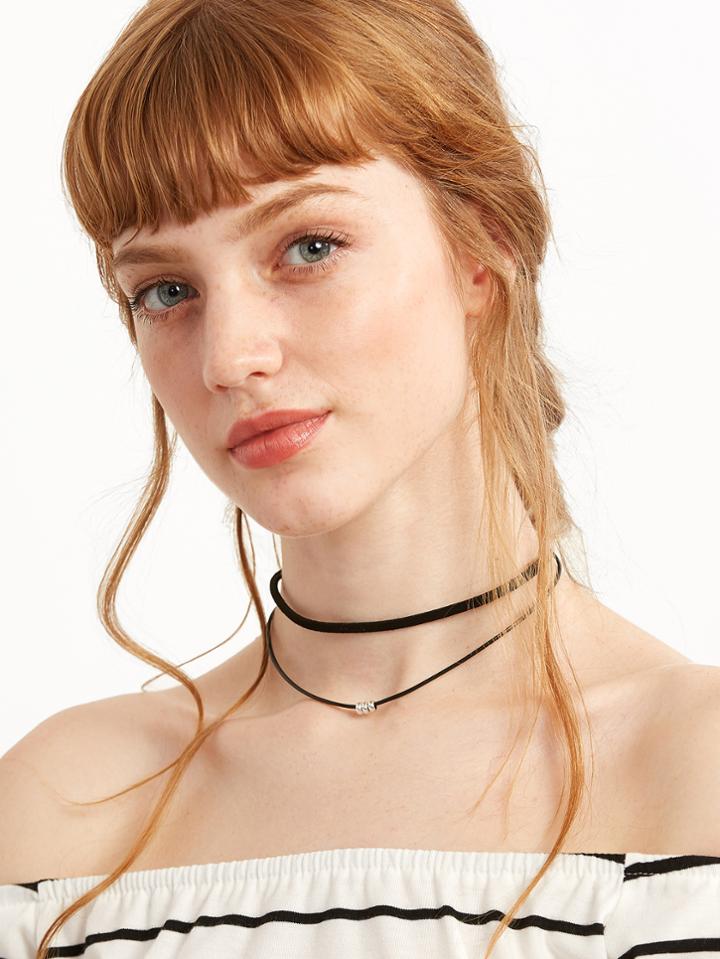 Romwe Black Double Layer Beaded Choker Necklace