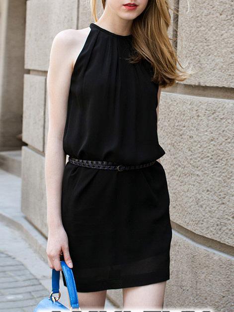 Romwe Halter With Belt Chiffon Black Dress